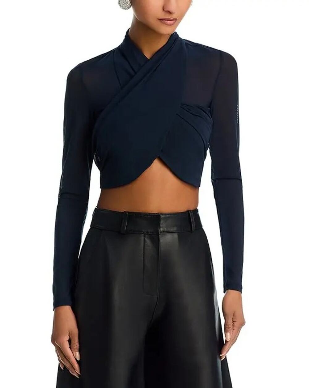 Bardot Women Navy Mesh Aliya Crossover Evening Wrap Long Sleeve Crop Top Size L